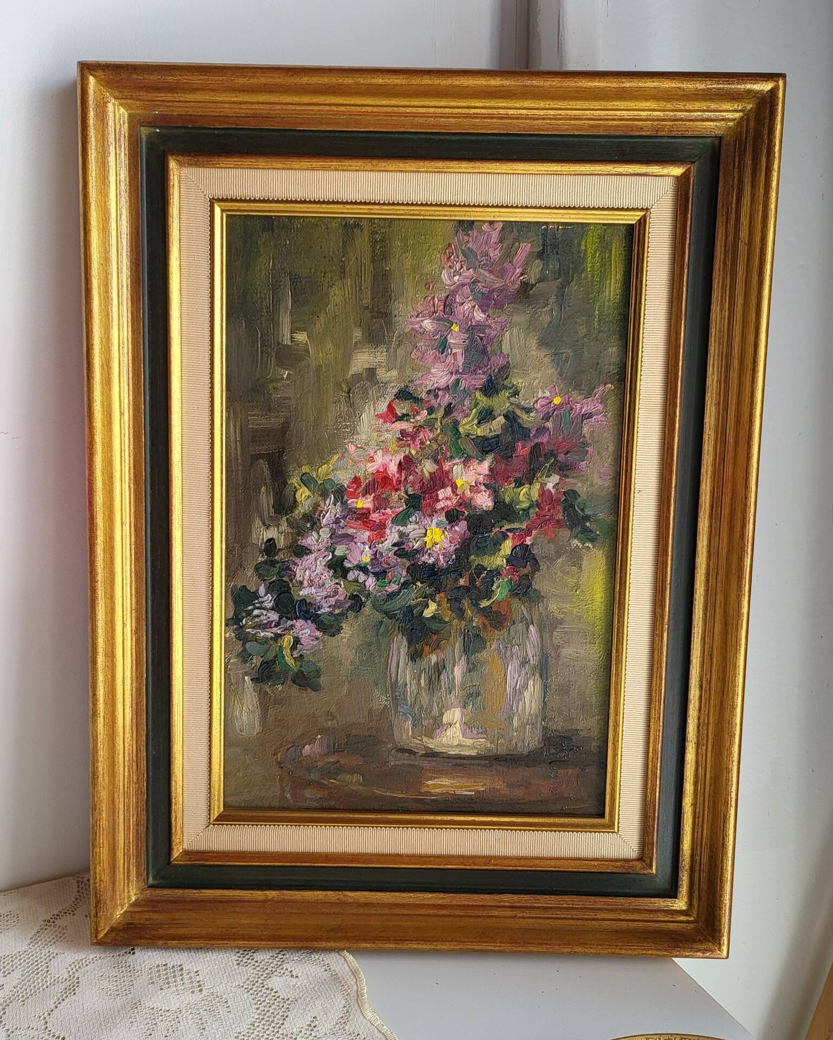 Still Life with Flower Bouquet Oil on Canvas Wooden Frame