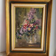 Still Life with Flower Bouquet Oil on Canvas Wooden Frame