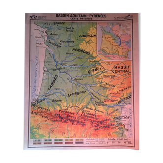 Vintage school map Aquitain Basin and Pyrenees