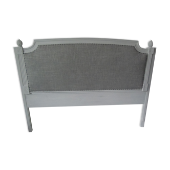 Louis XVI style headboard patinated pearl grey waxed finish, lined with grey wool