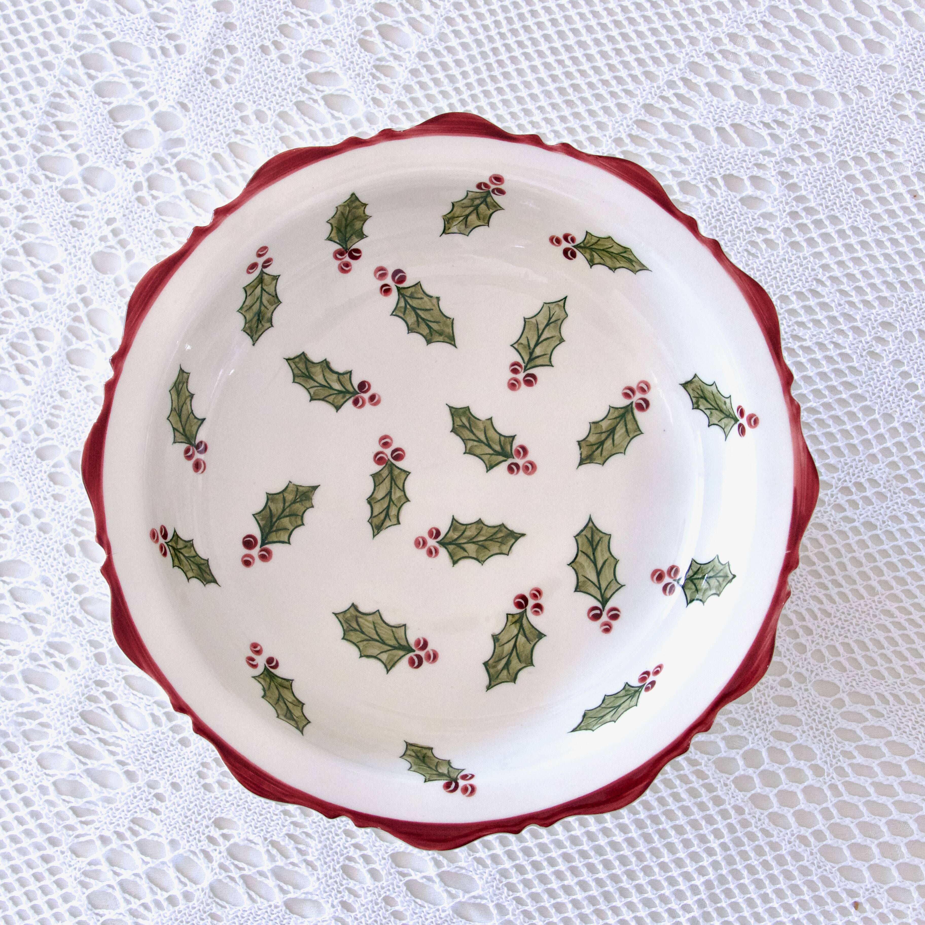 Large hand painted earthenware footed bowl Christmas decor