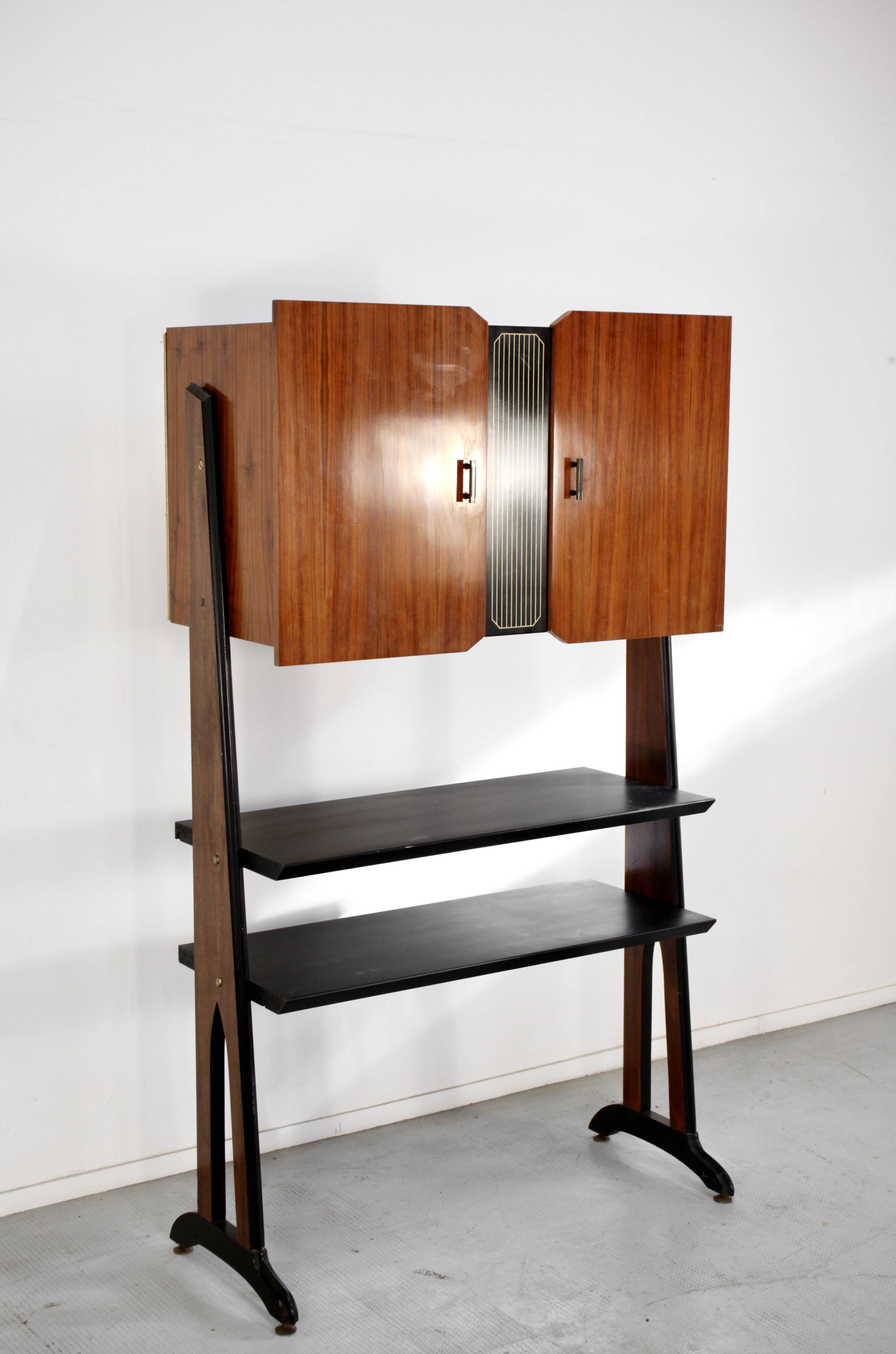 Midcentury Italian Freestanding Modular Bookshelf In Teak And Brass
