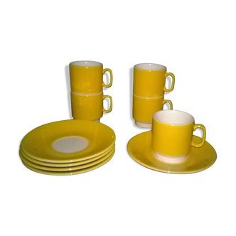 5 tasses à café jaunes et 5 sous tasses, production Pagnossin, vintage