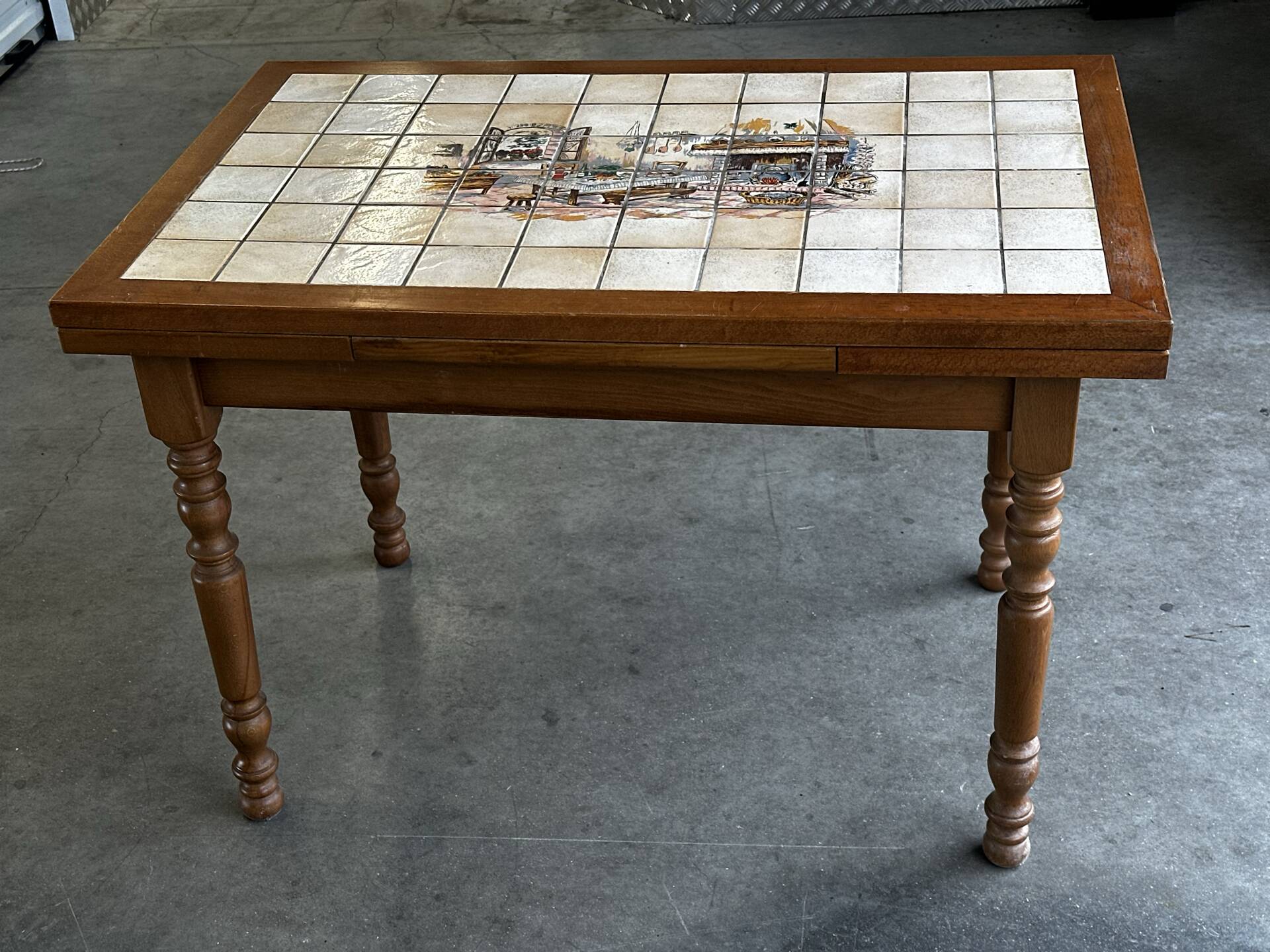 Vintage extendable dining table in wood and ceramic – 1970s