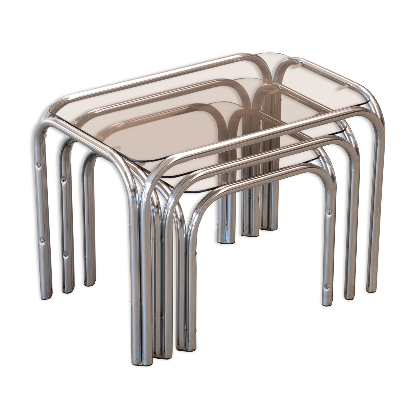 Vintage chrome and glass built-in coffee tables 1970