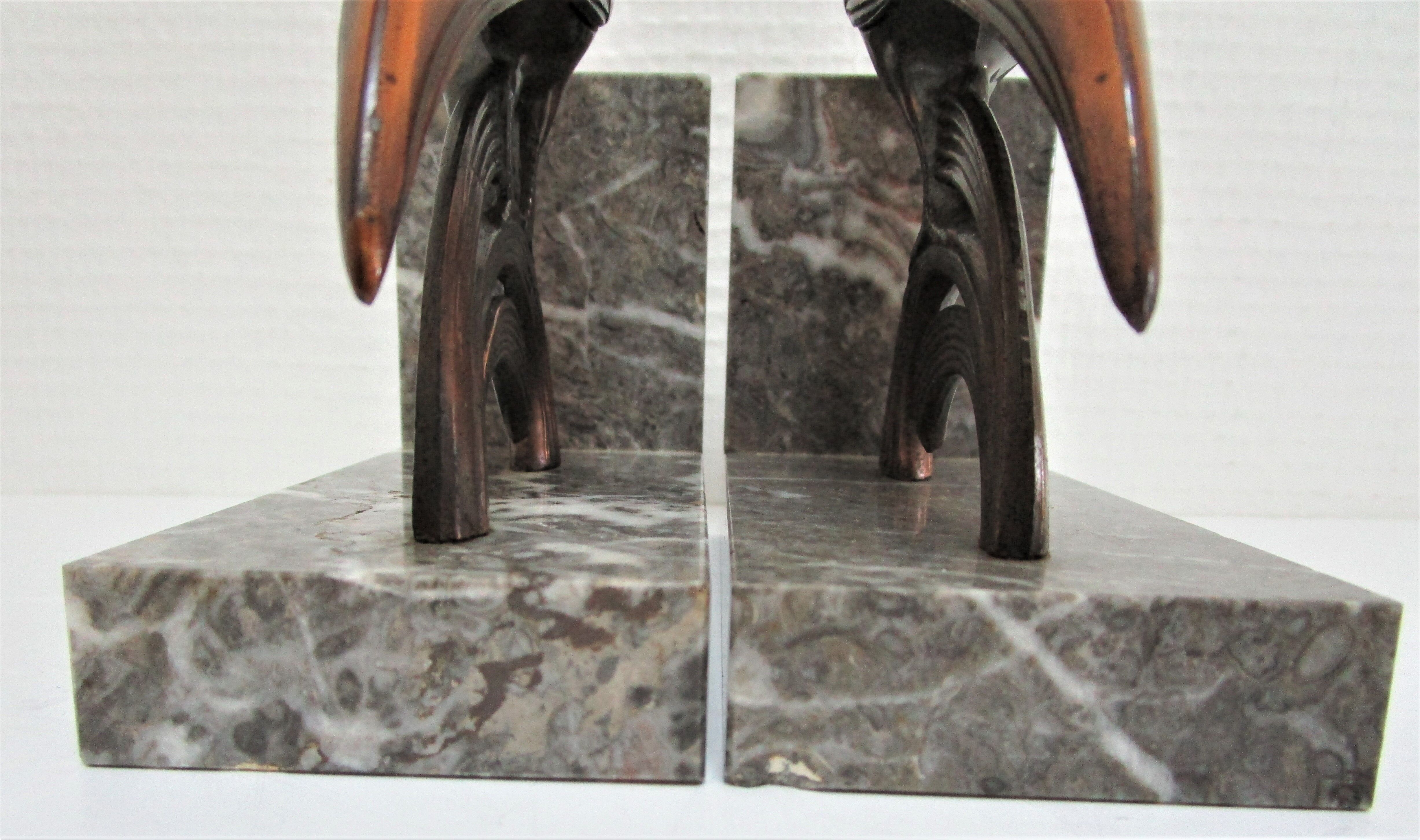 Pair of greenhouse books bird Art Deco metal patinated marble