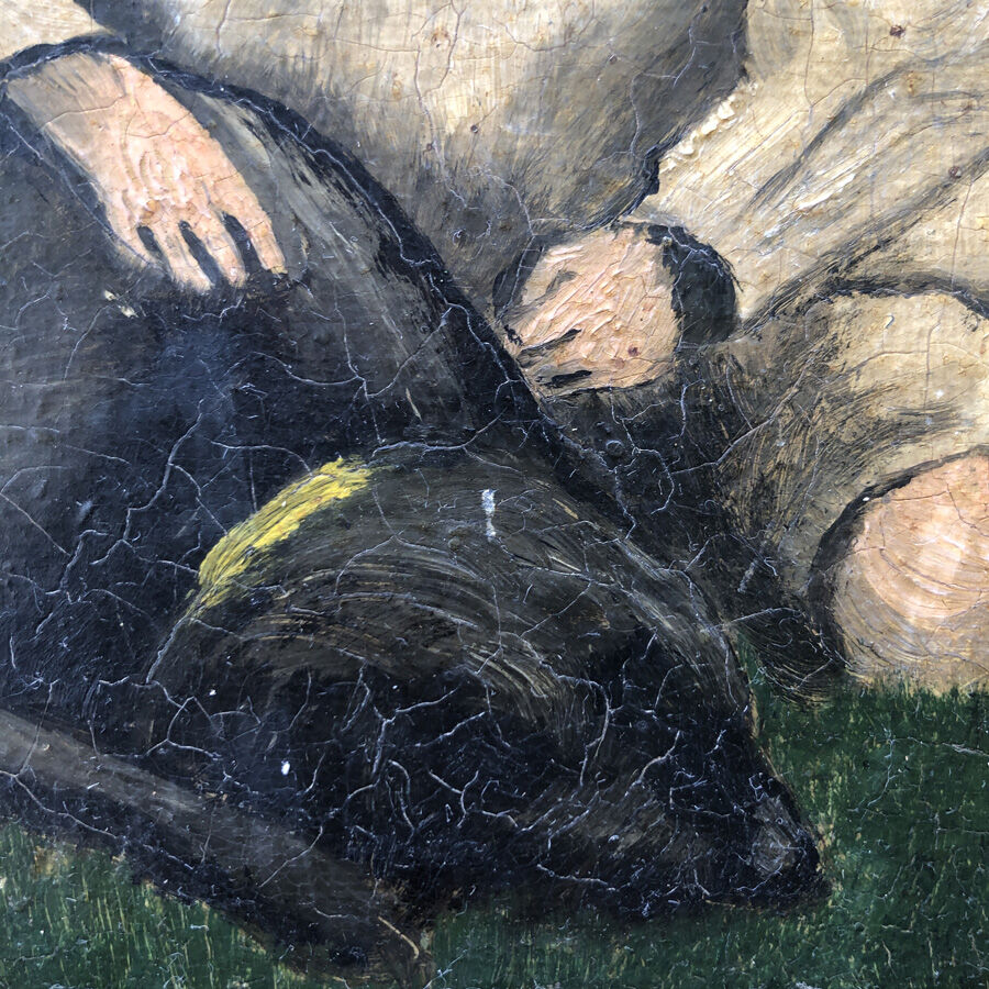 Tableau ancien "La fillette et le chien"