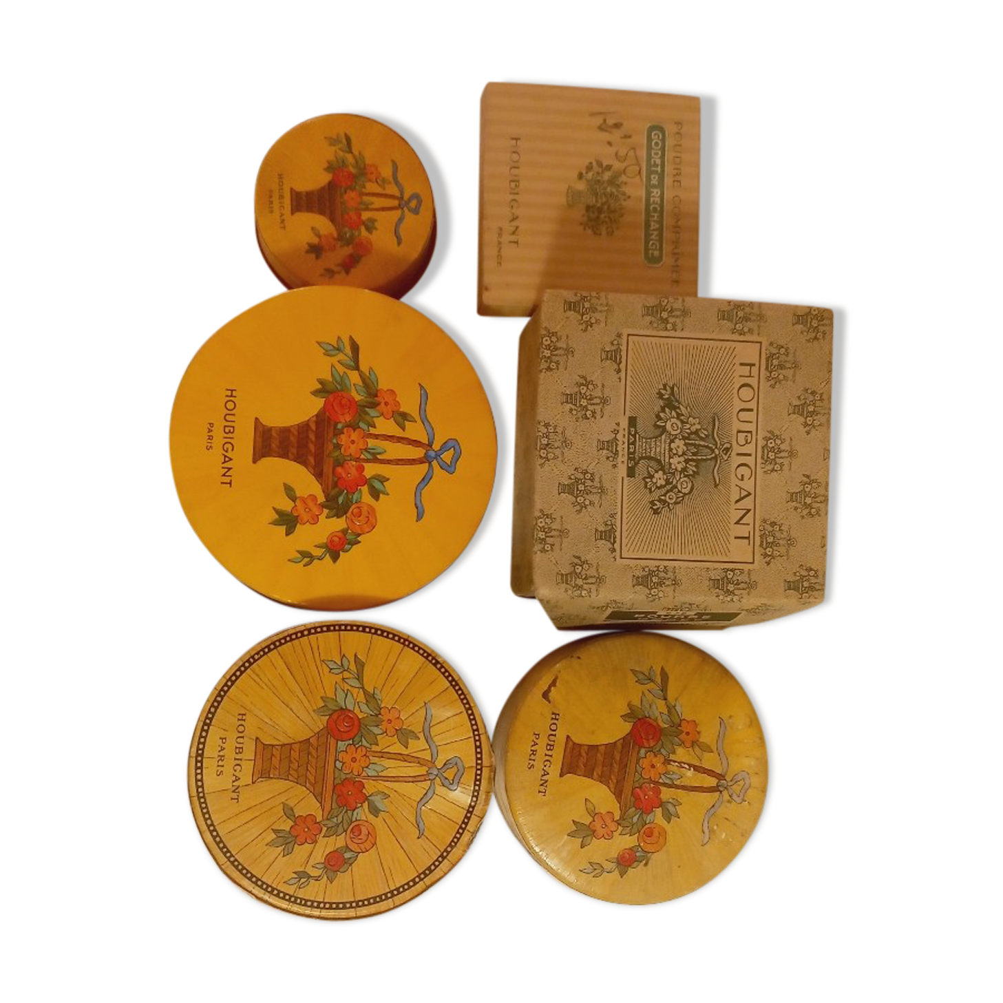 Houbigant powder boxes, shadows and antique advertising collection set