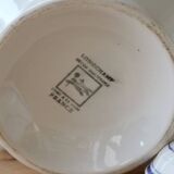 Antique Lonchamp white earthenware soup tureen with blue edging