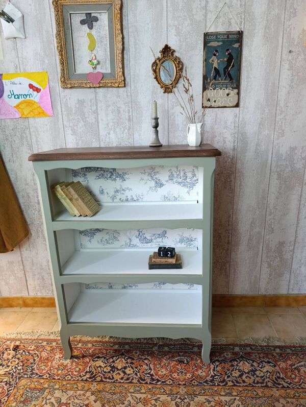 Bibus vert de gris, bois foncé et toile de Jouy