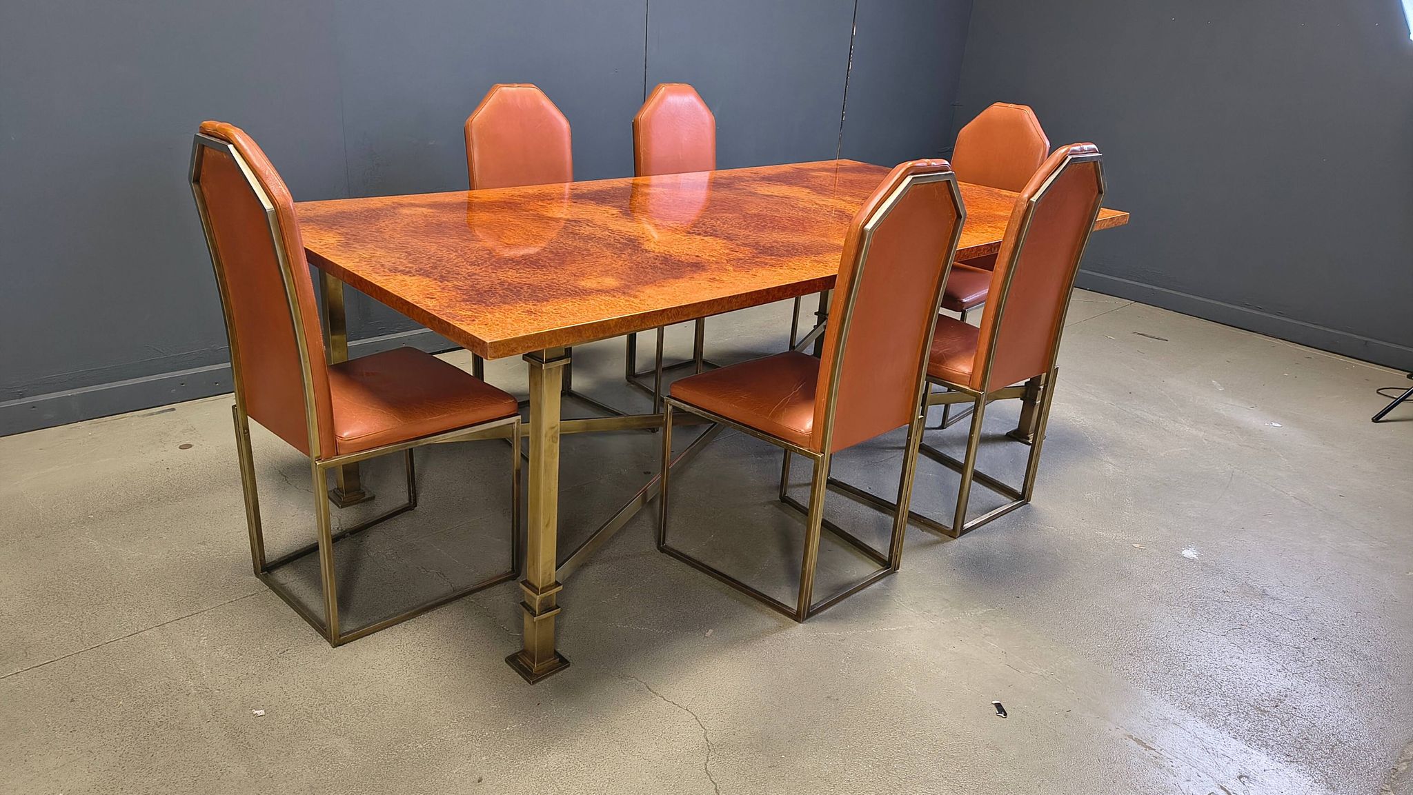 Vintage burl wood and brass dining table by Belgochrom, 1970s