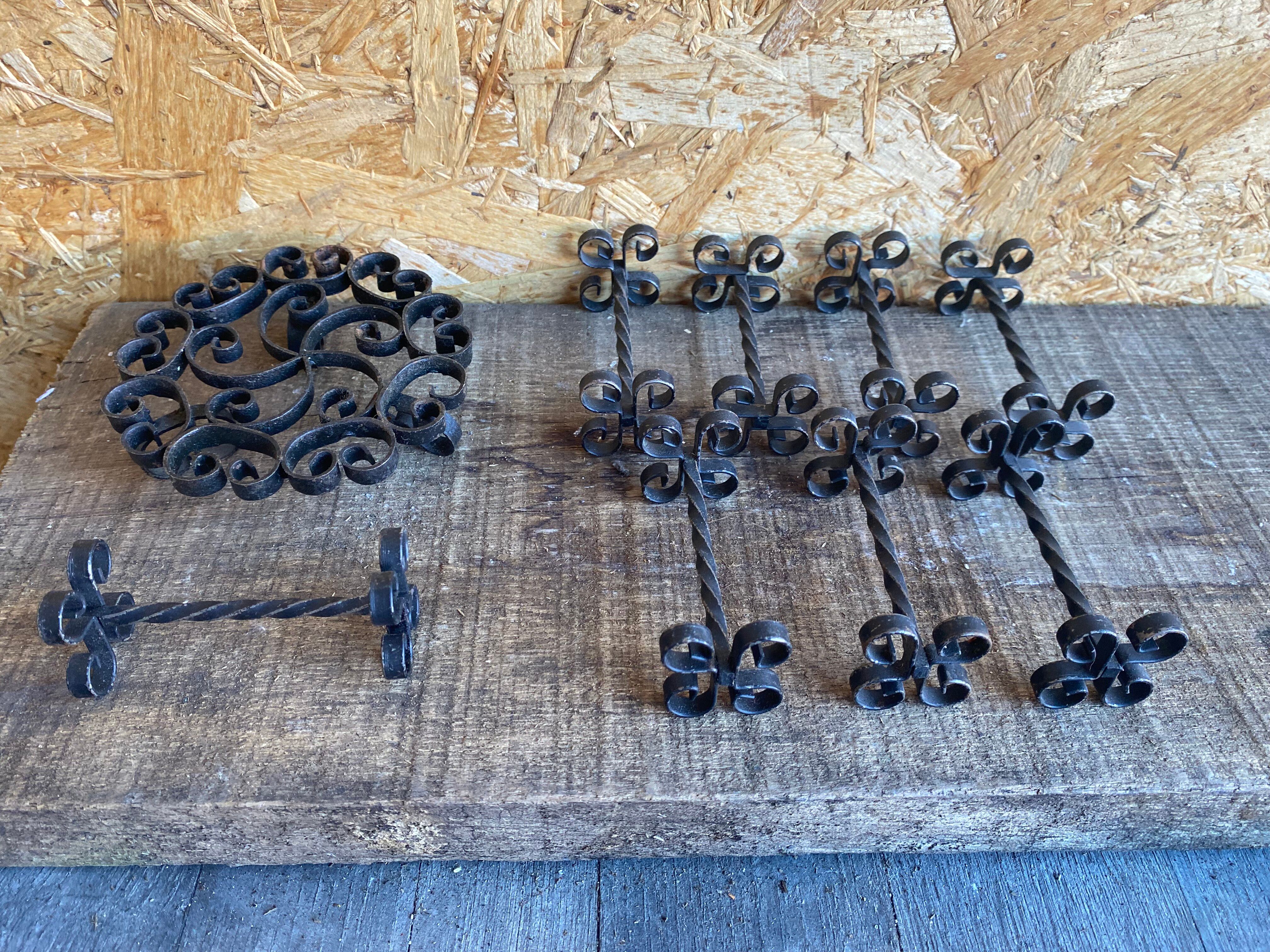 Service Table Under Plate + 12 Old Forged Iron Knife Holders Black