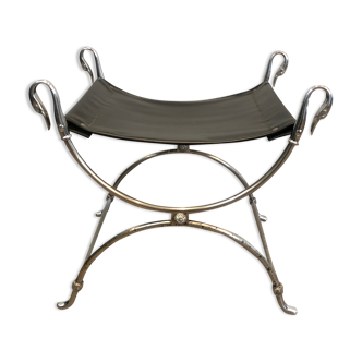 Curule stool in silver steel neoclassical style with swan heads