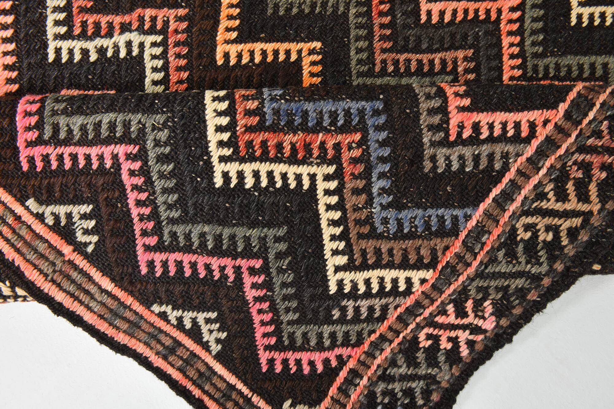 6x14 Pink & Brown Geometric Vintage Kilim Rug, 190x417Cm