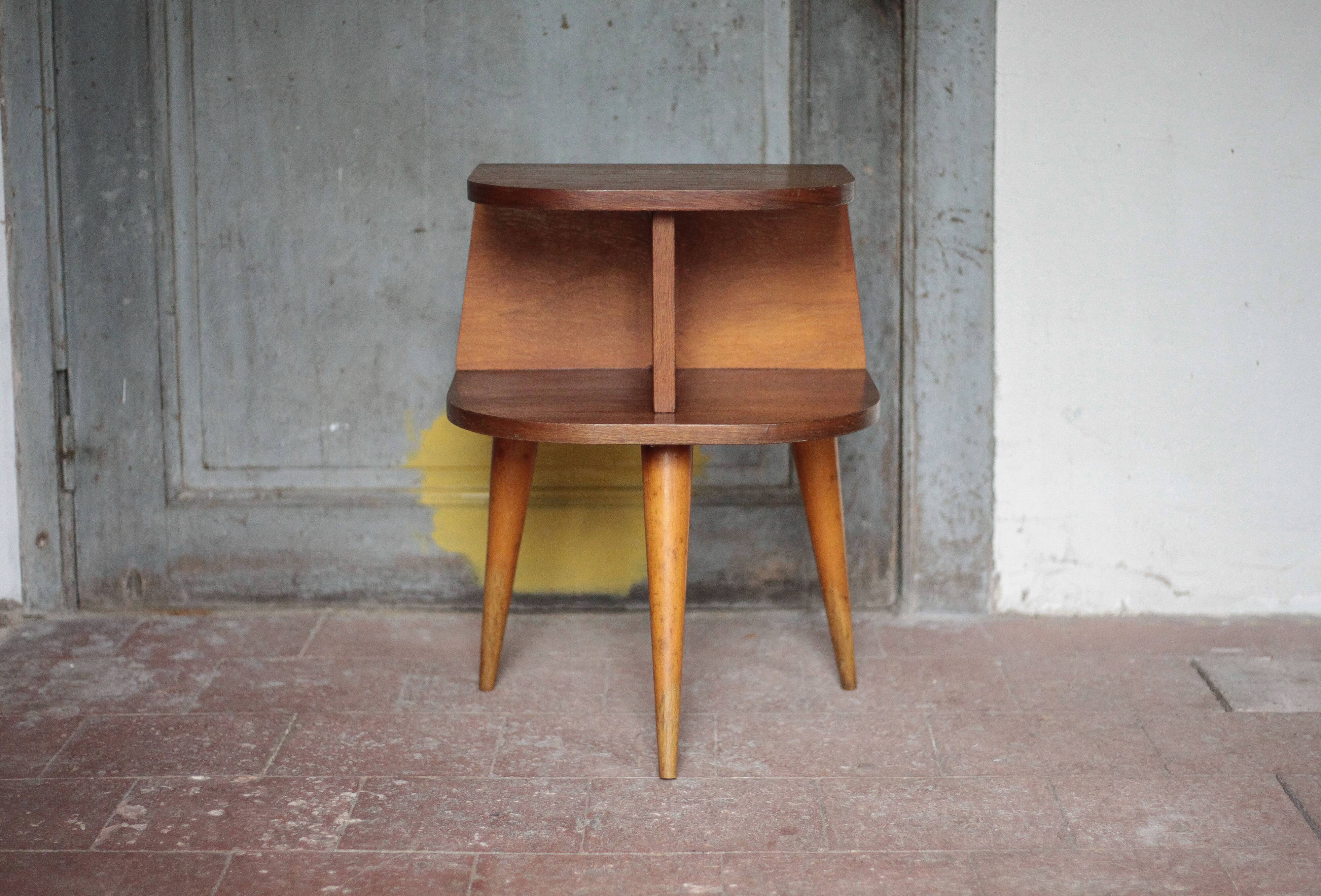 Vintage wooden bedside table, wooden bedside table with compass legs