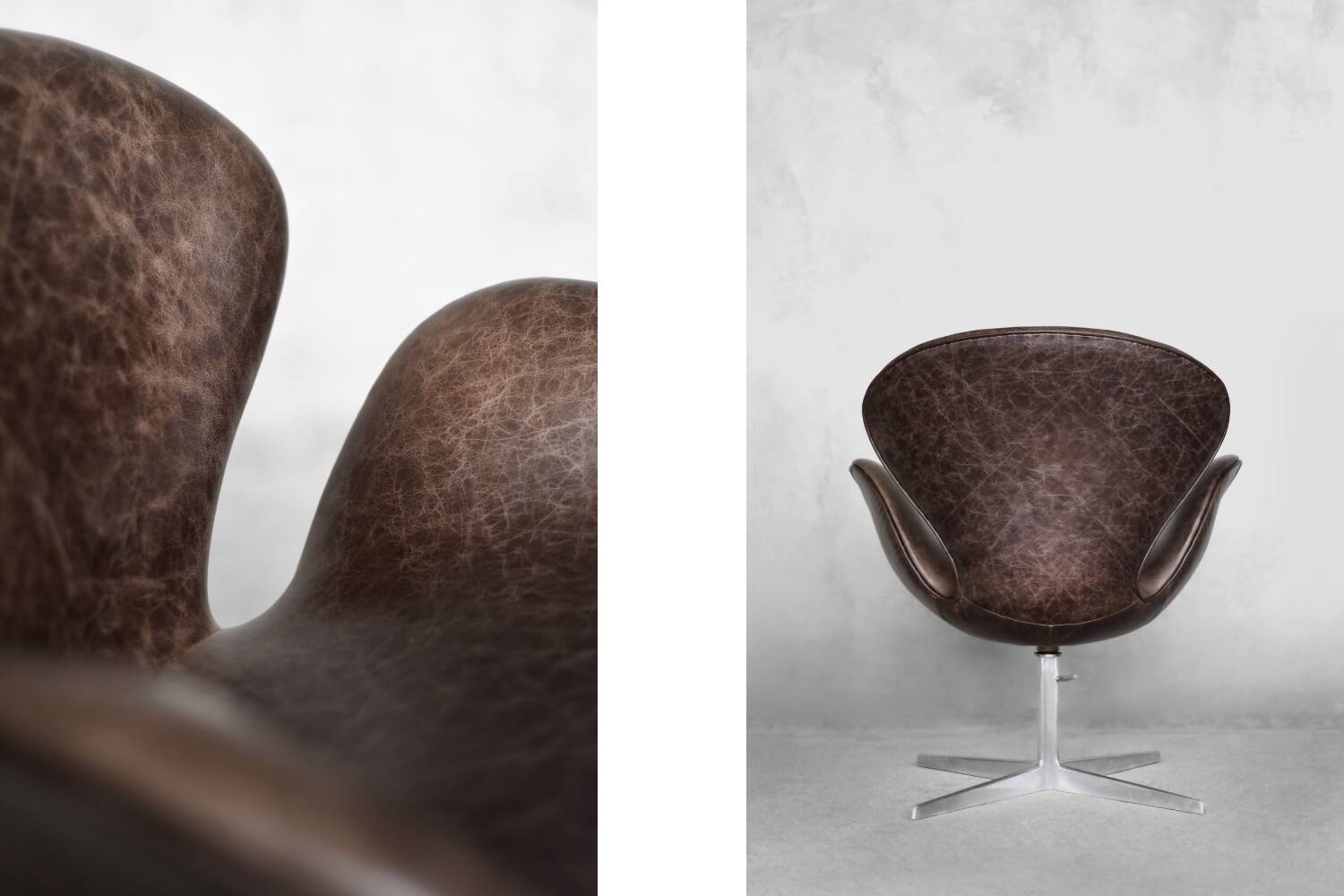 Brown leather Swan chair by Arne Jacobsen, mid-century Danish modernity.