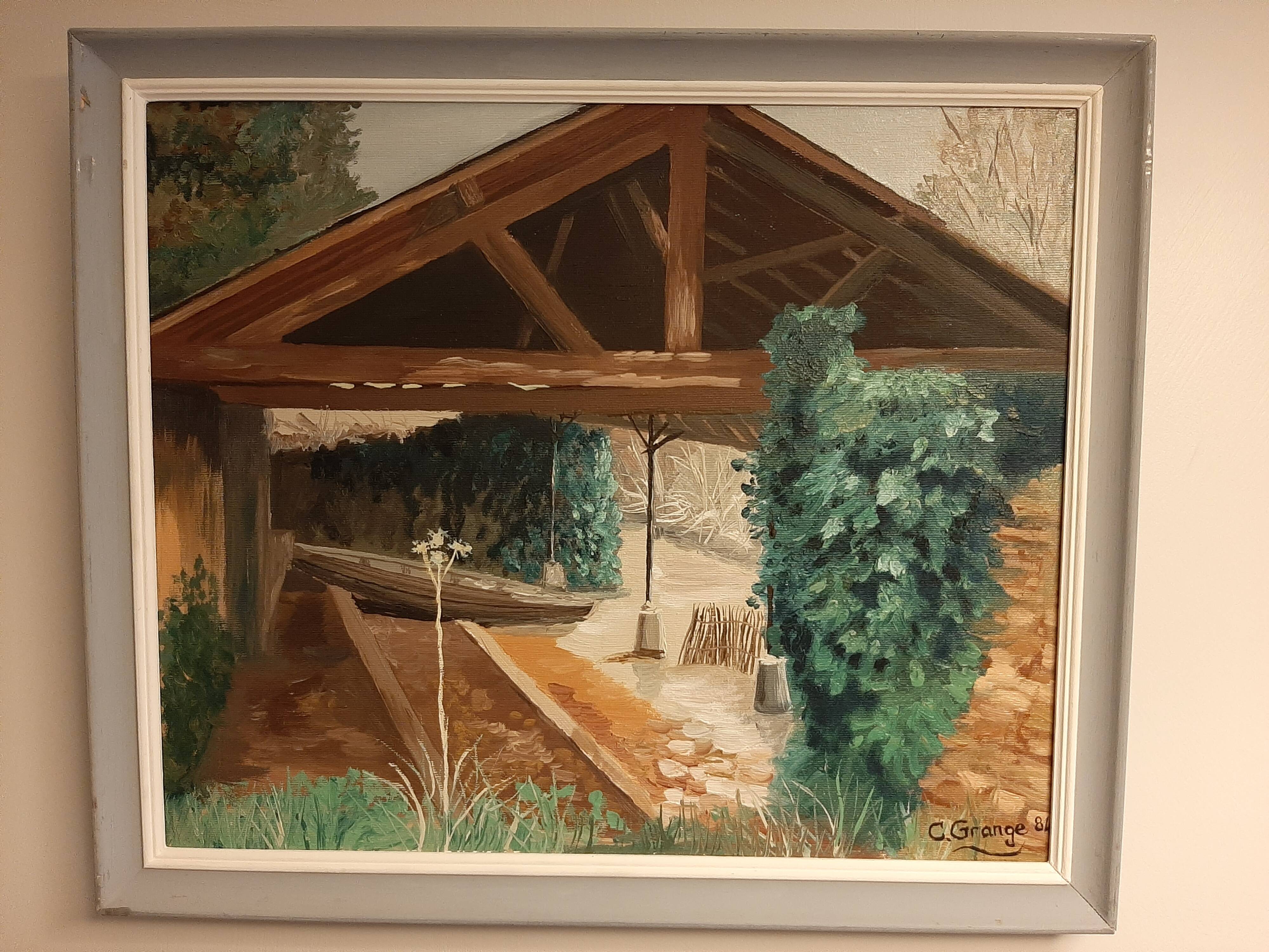 Huile sur toile représentant un abri à barques à Montbazon