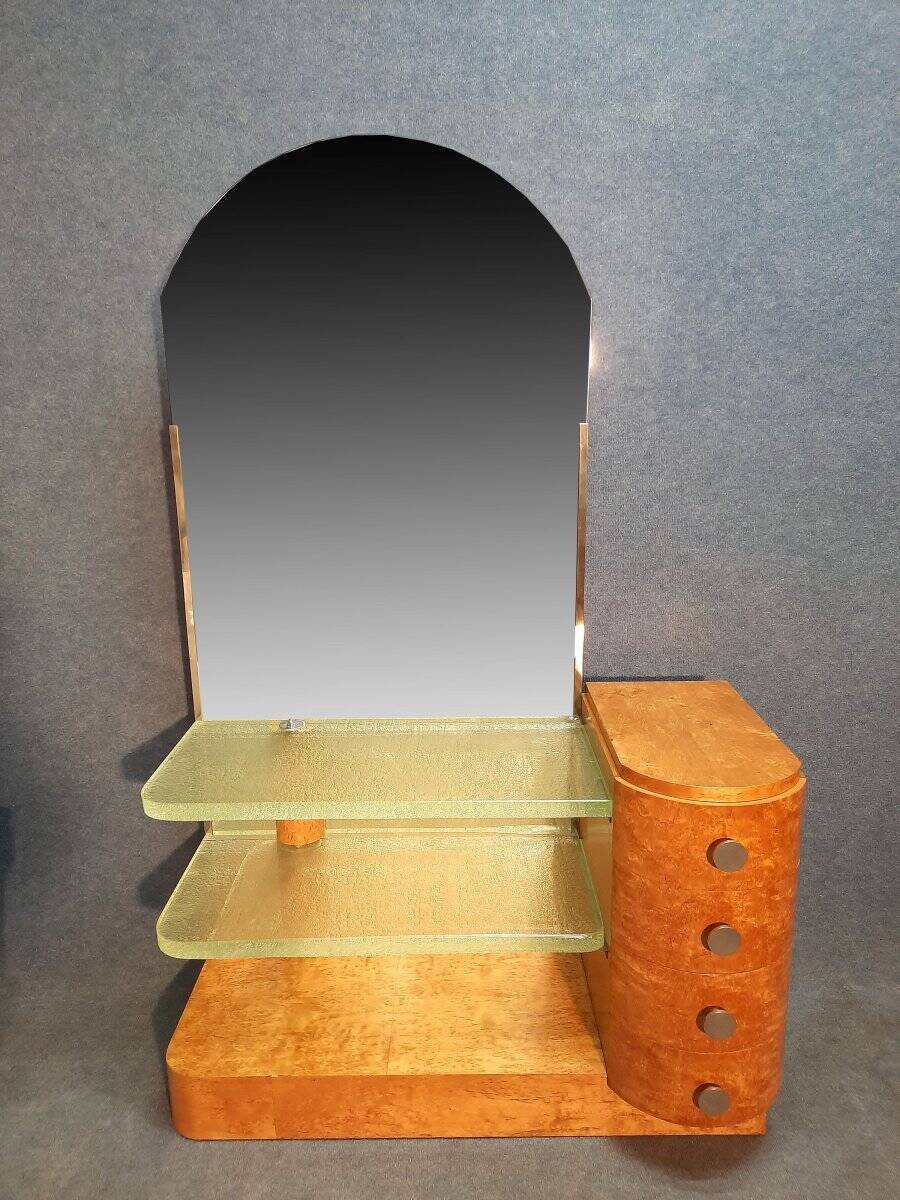 Coiffeuse Art Déco en bois clair et dalles de verre