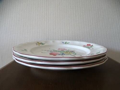 Kg luneville "réverbère" 3 flat plates earthenware hand-painted flowers ø25.5 cm
