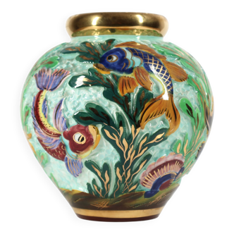 Cerdazur Monaco ceramic spherical vase with a raised marine design and gold accents