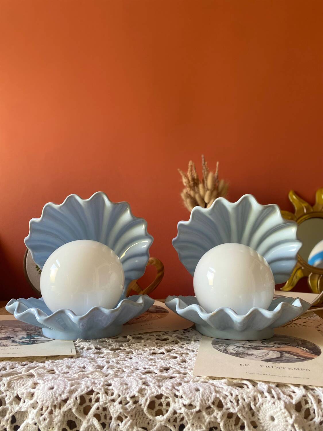 Rare pair of vintage shell lamps