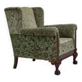 1950s, Danish relax armchair, green furniture velour, carved oak wood.