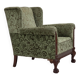 1950s, Danish relax armchair, green furniture velour, carved oak wood.