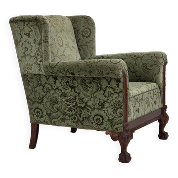 1950s, Danish relax armchair, green furniture velour, carved oak wood.