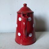Red enamelled coffee maker with white polka dots