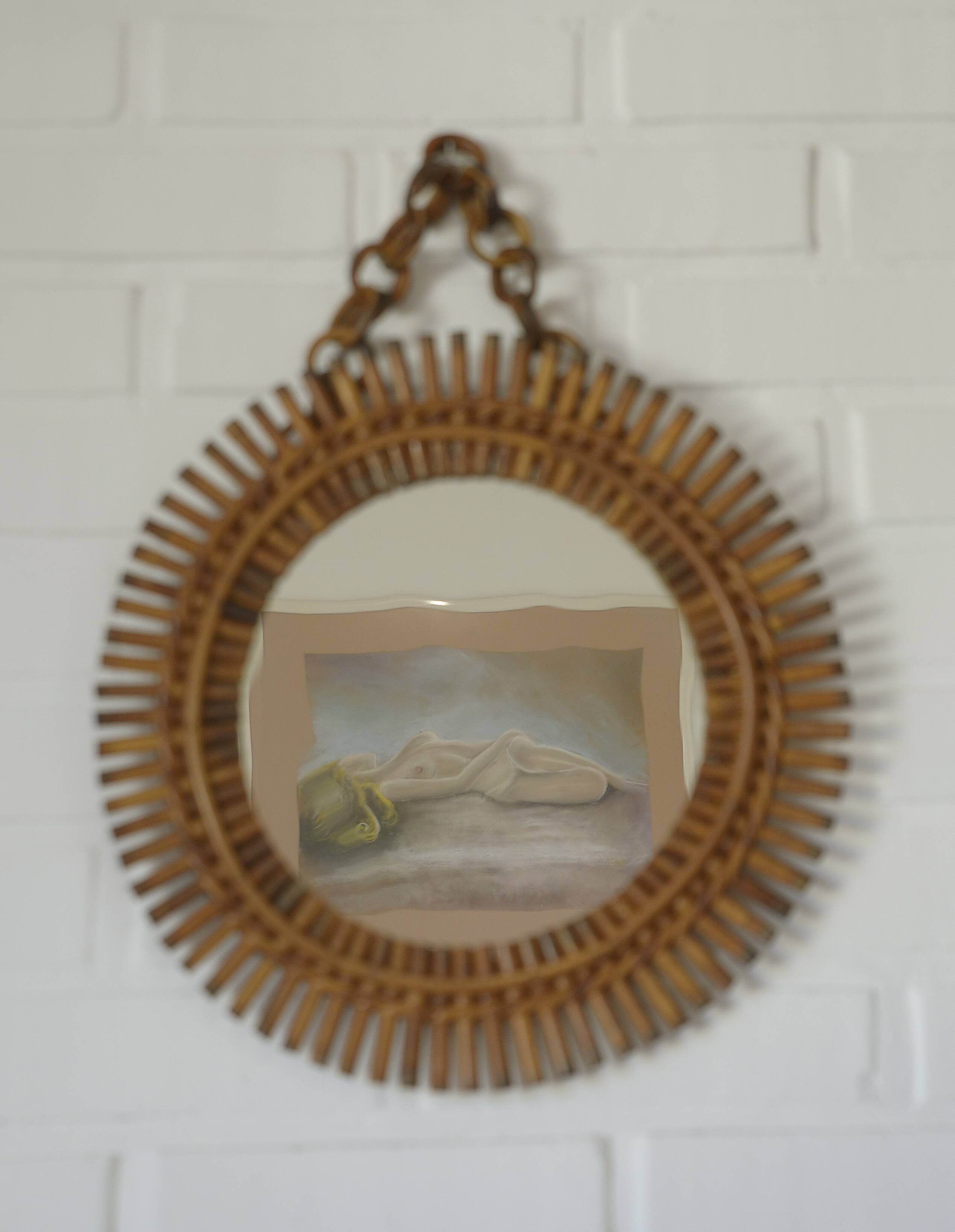 Vintage Bamboo Sunburst Wall Mirror / Mid Century Boho Decor 1970's