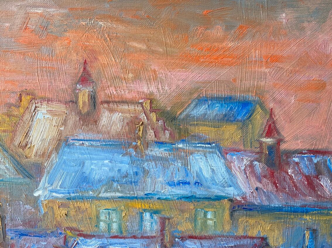 Mid century modernist framed oil painting - houses at sunset