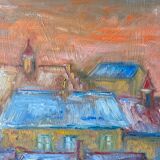 Mid century modernist framed oil painting - houses at sunset