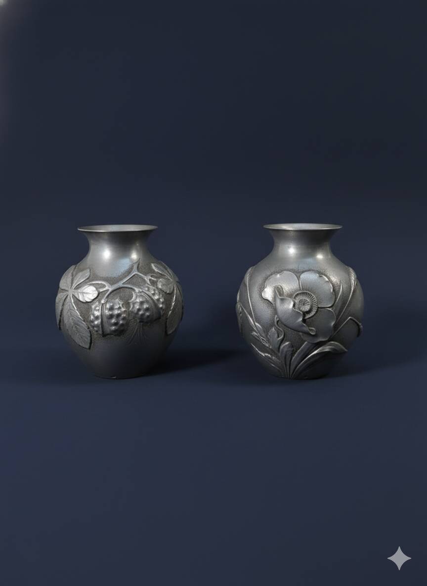 Pair of Art Deco vases in aluminium Signed