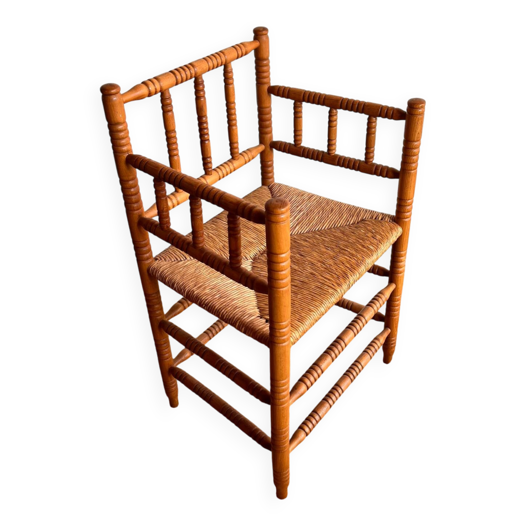 Antique Dutch bobbin chair with rush seating