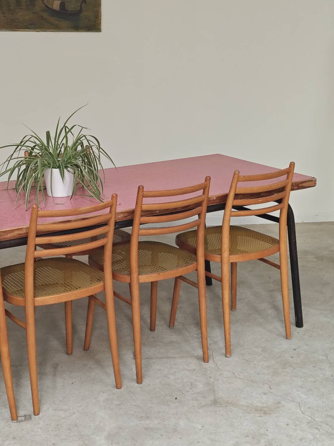 Large canteen table in pink formica and metal.