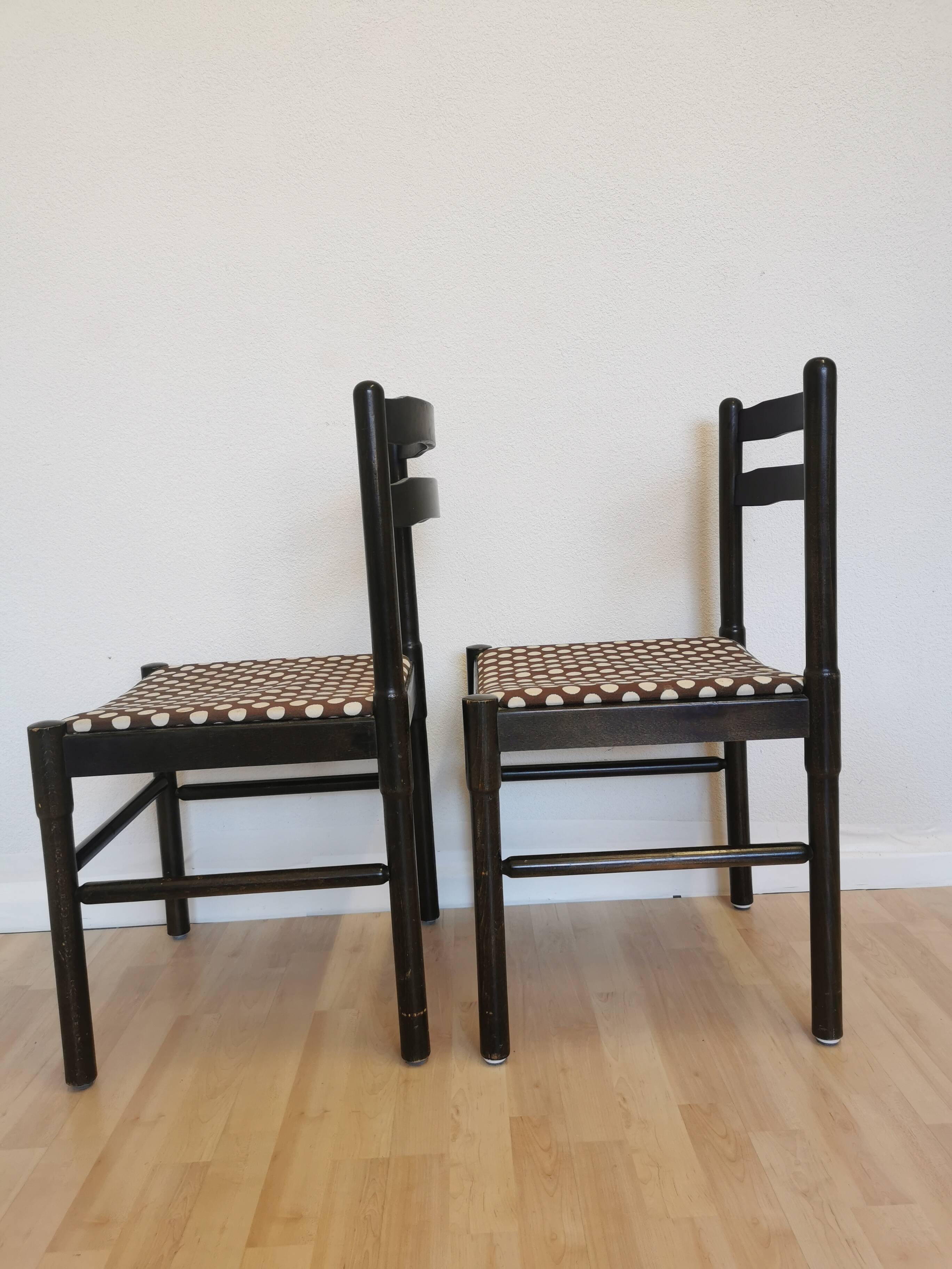 Set of 2 Vintage Wooden Dining Chairs: Brown & White Polka Dot Fabric 80s