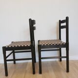 Set of 2 Vintage Wooden Dining Chairs: Brown & White Polka Dot Fabric 80s