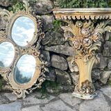 Venetian console in polychrome ceramic with its triptych mirror, 19th century period