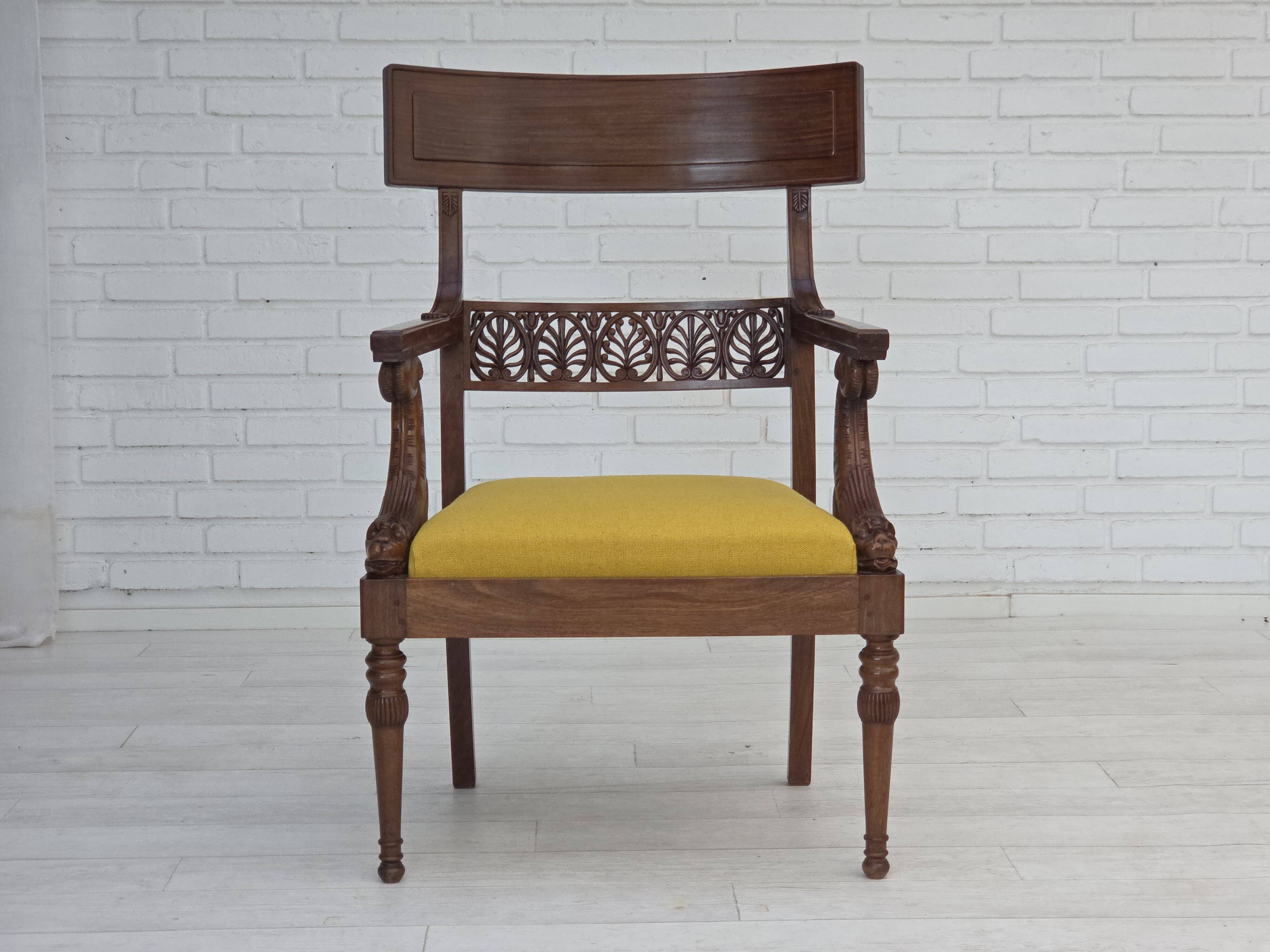 1920-30s, carved wood armchair, design after Georges Jacob, reupholstered.