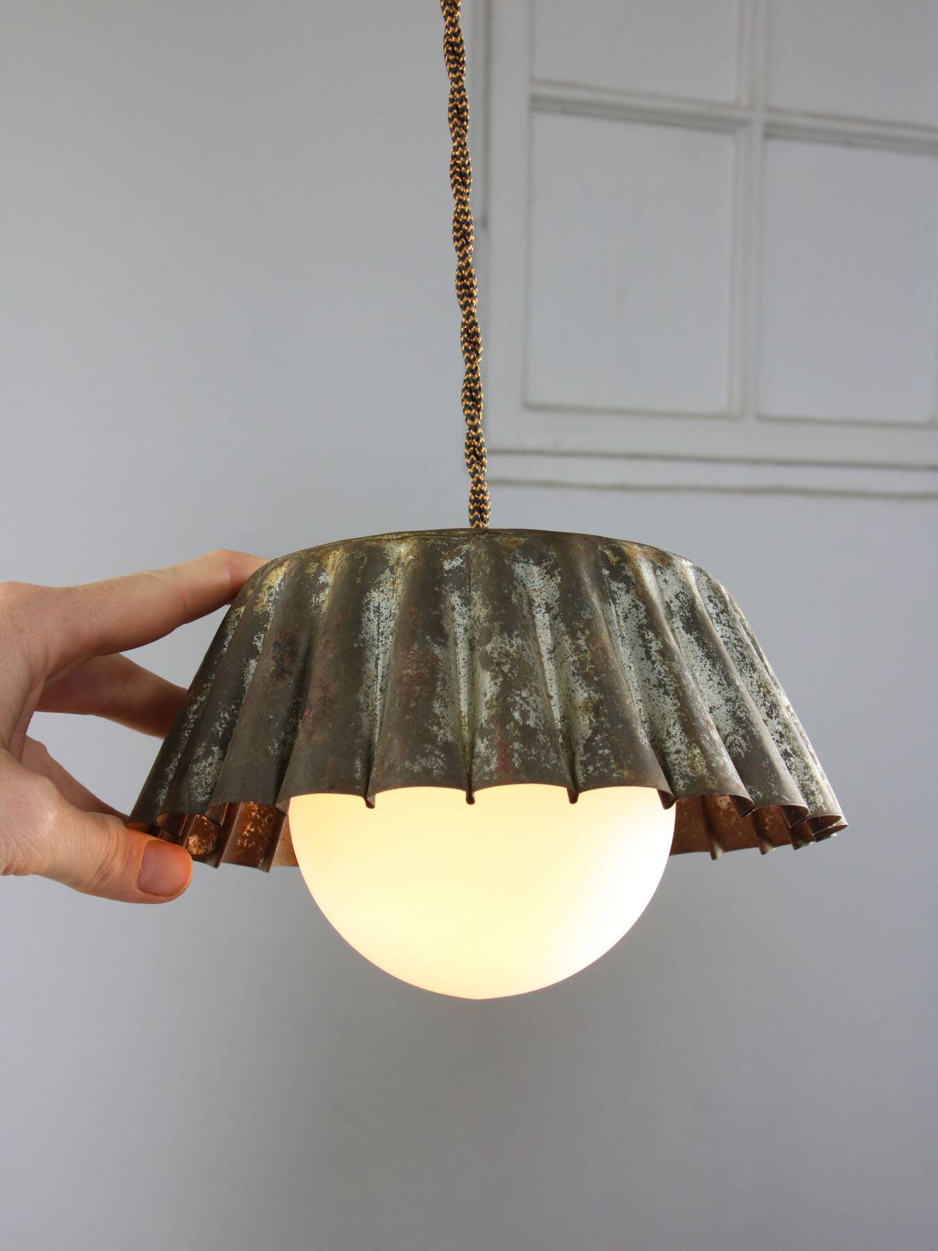 Vintage metal and opaline flower pendant lamp