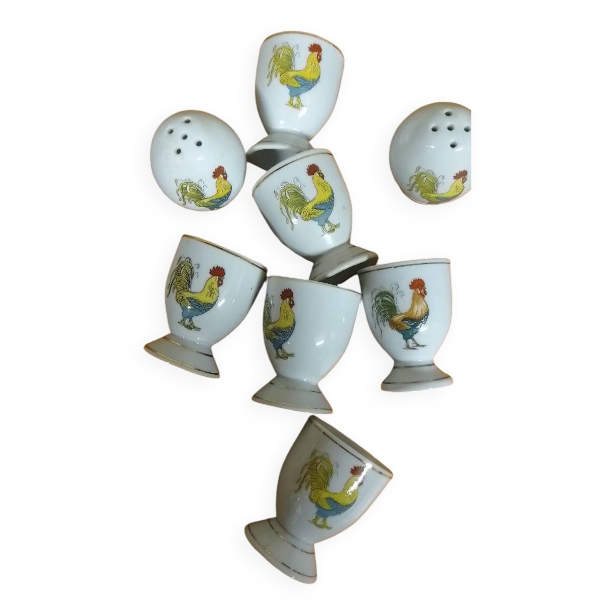 Vintage egg cups, salt and pepper shakers