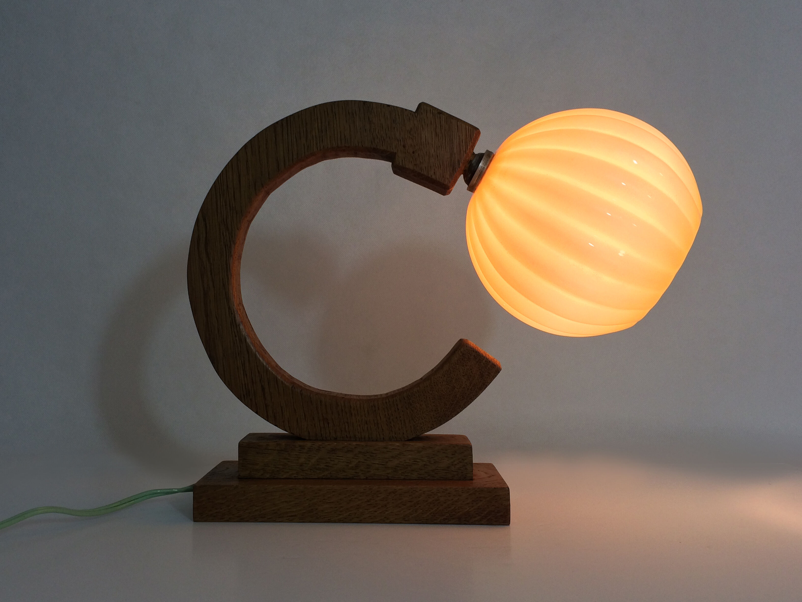 Art deco modernist wooden table lamp globe in yellow glass