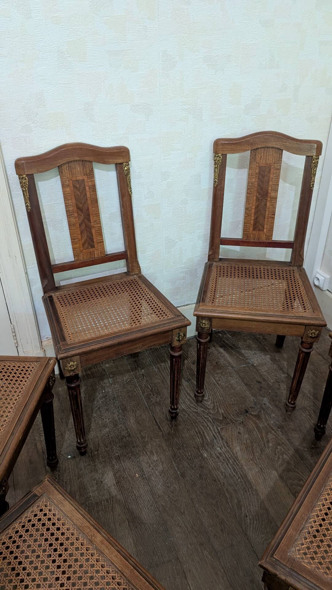 Set of 6 Louis XVI chairs in marquetry wood and caning.