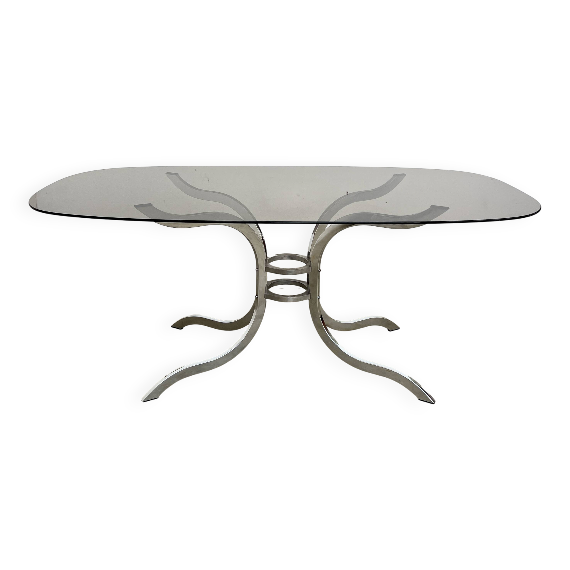 Oval smoked glass and chrome dining table, 1970s
