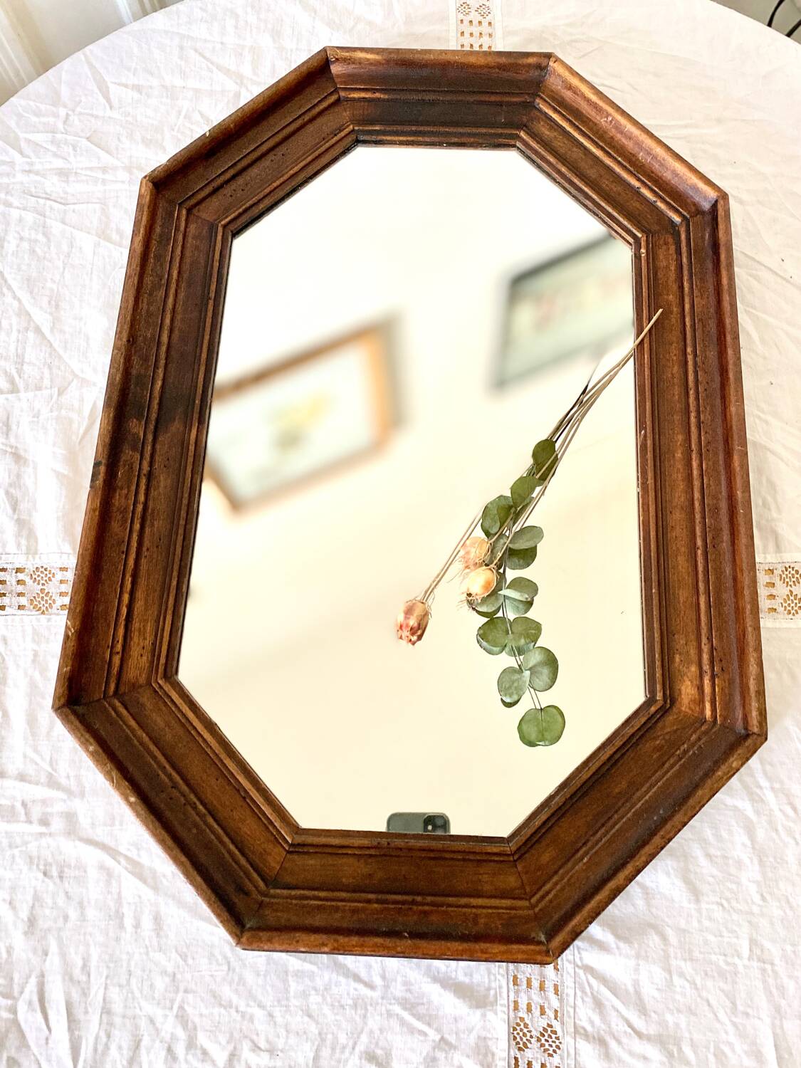 Vintage dark wood octagonal mirror
