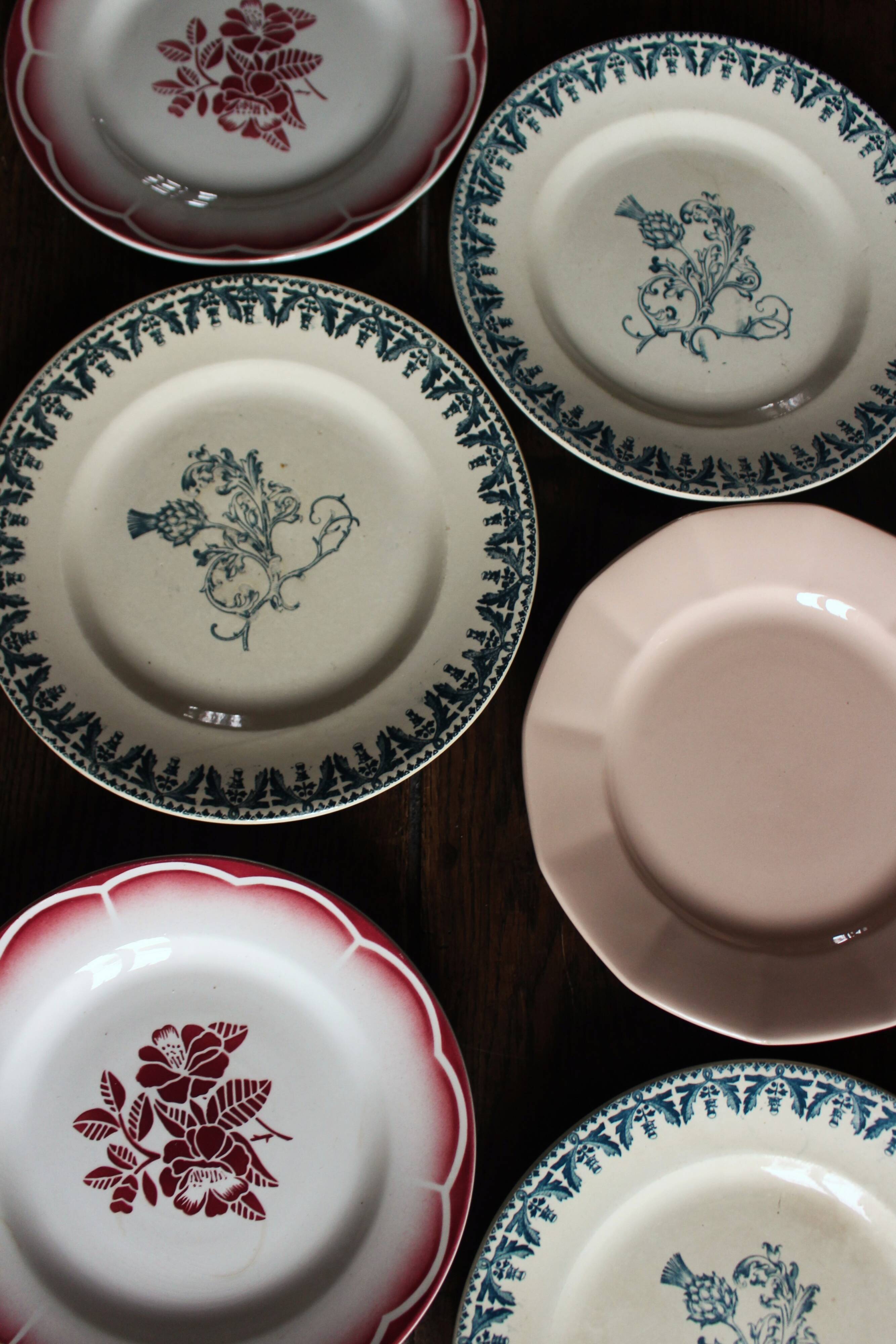 6 mismatched flat plates Terre de Fer Digoin Sarreguemines