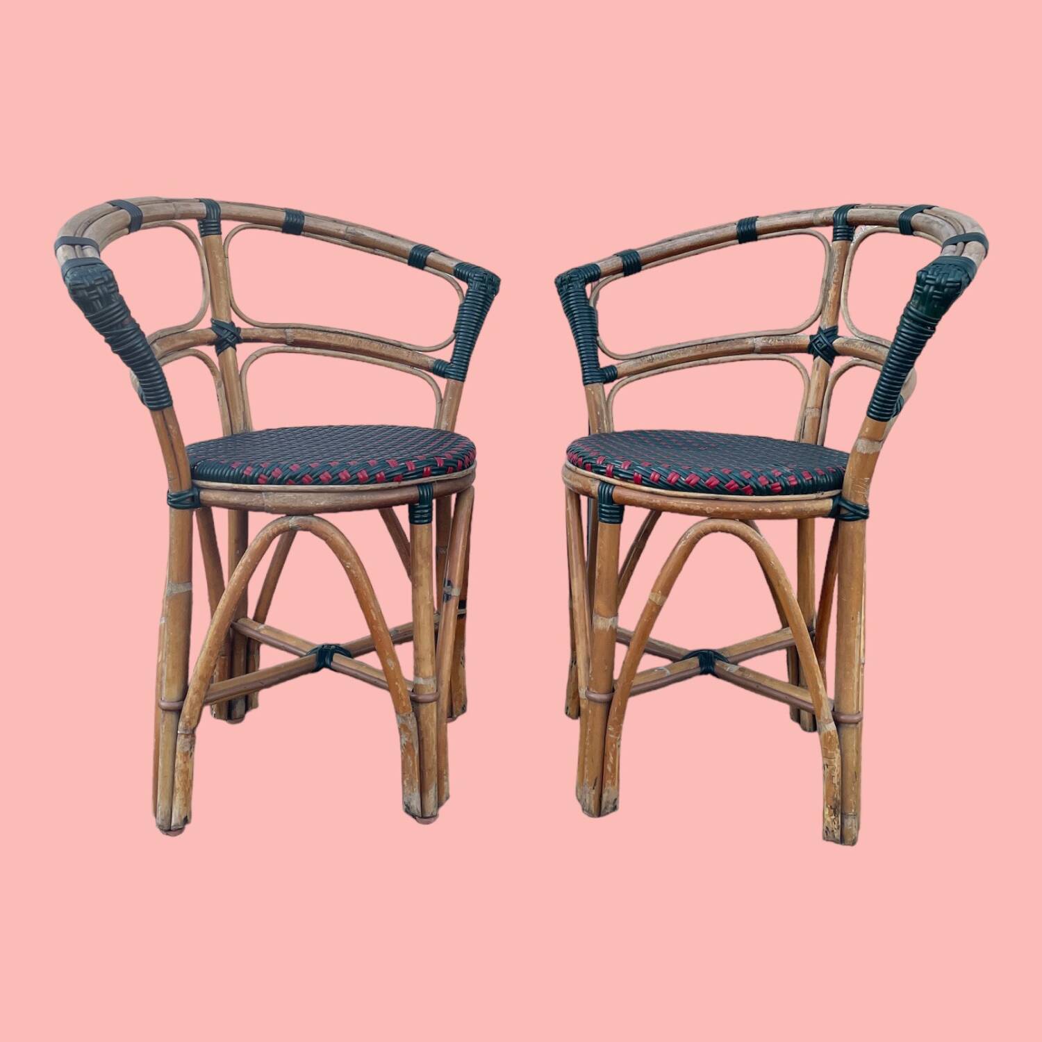 Pair of bistro chairs in bamboo and two-tone weaving