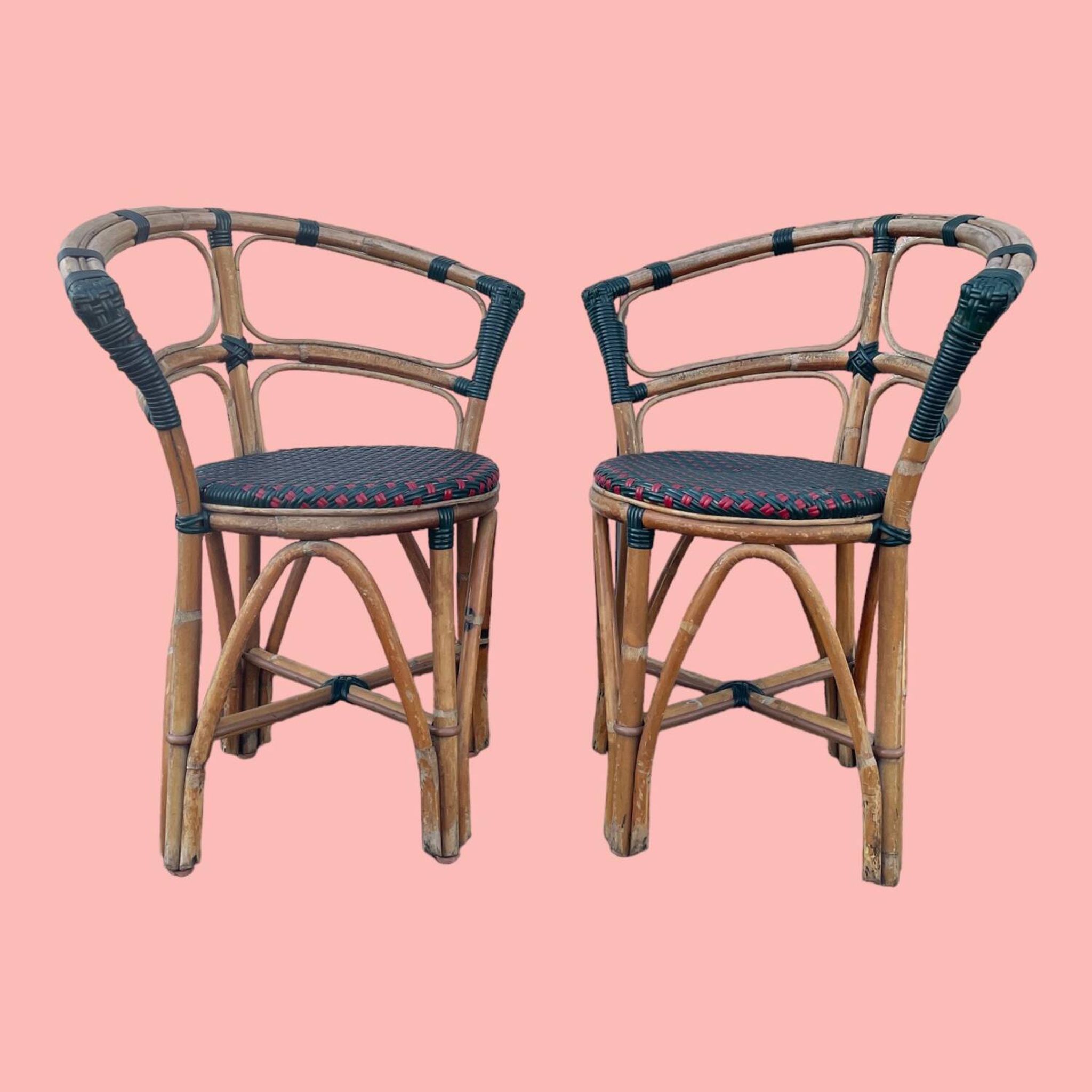 Pair of bistro chairs in bamboo and two-tone weaving
