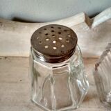 Set of 2 old table sprinklers in molded glass and metal