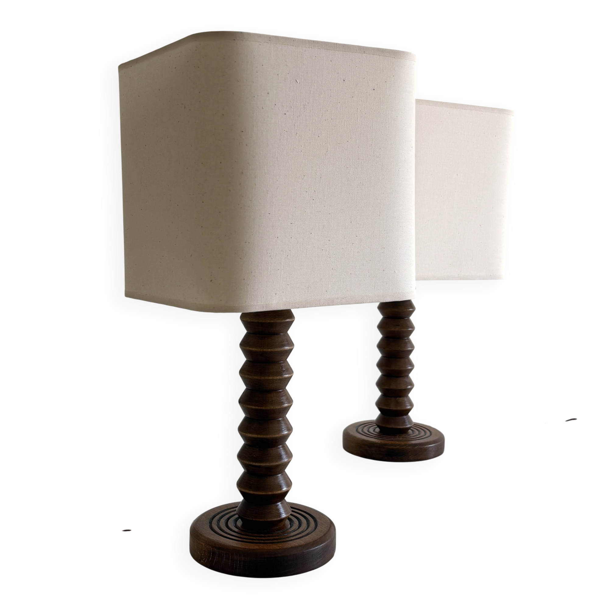 Pair of French Art Deco Wooden Table Lamps Attributed to Charles Dudouyt